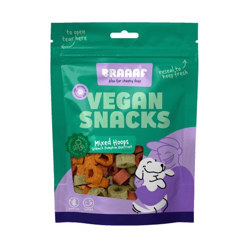 Braaaf Vegan Snacks Mixed Hoops – vegane Hunderinge mit Spinat, Kürbis & Rote Beete, 80g Beutel