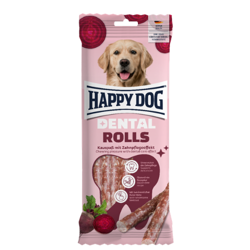 Happy Dog Dental Rolls 148g – vegetarische, glutenfreie Zahnpflege-Kaustreifen für Hunde, 5 Stück