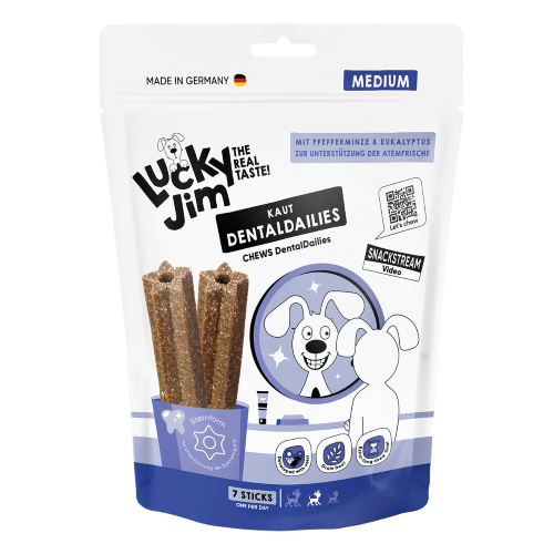 Lucky Jim DentalDailies Medium vegane Zahnpflege-Sticks für mittelgroße Hunde in der 250-g-Packung