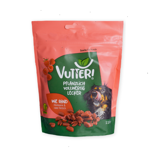 Vutter Snack Wie Rind 110 g – veganer Hundesnack mit Himbeere und rotem Rettich